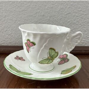 Crown Staffordshire England Porcelain Cup w Match Saucer Set Butterflies Pattern